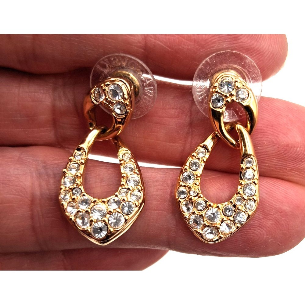 Vintage Swarovski Open Teardrop Clear Crystal Drop Earrings Signed Gold Tone